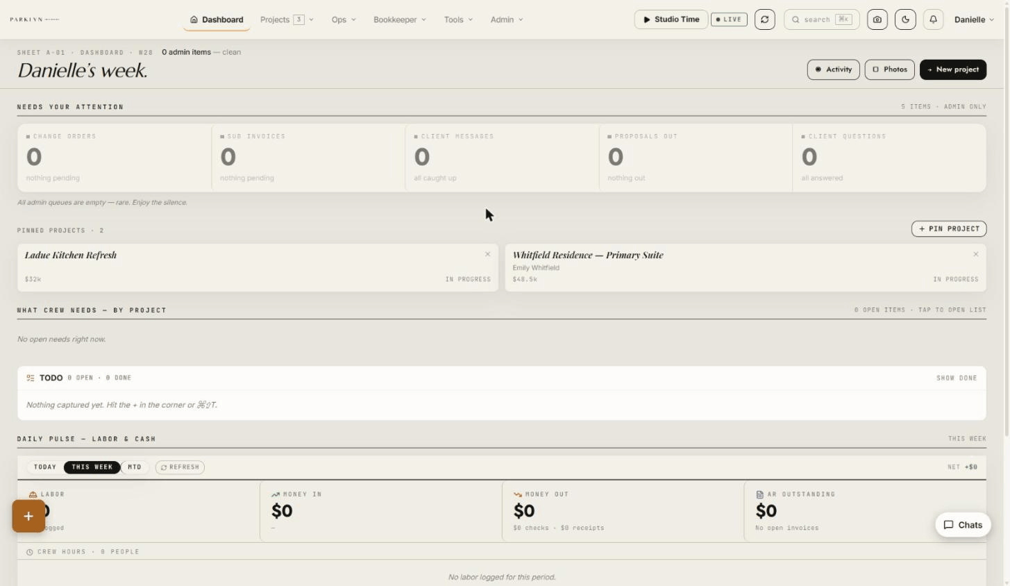 A studio-branded portal dashboard — the studio's own logo, colors, and week at a glance