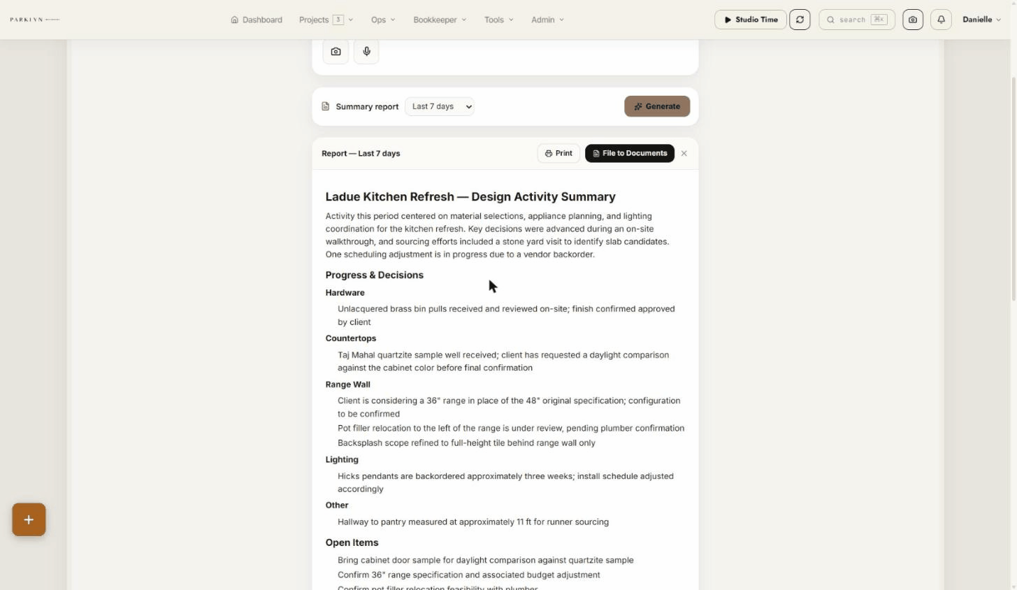 Design Activity Summary report — progress and decisions, open items, time summary