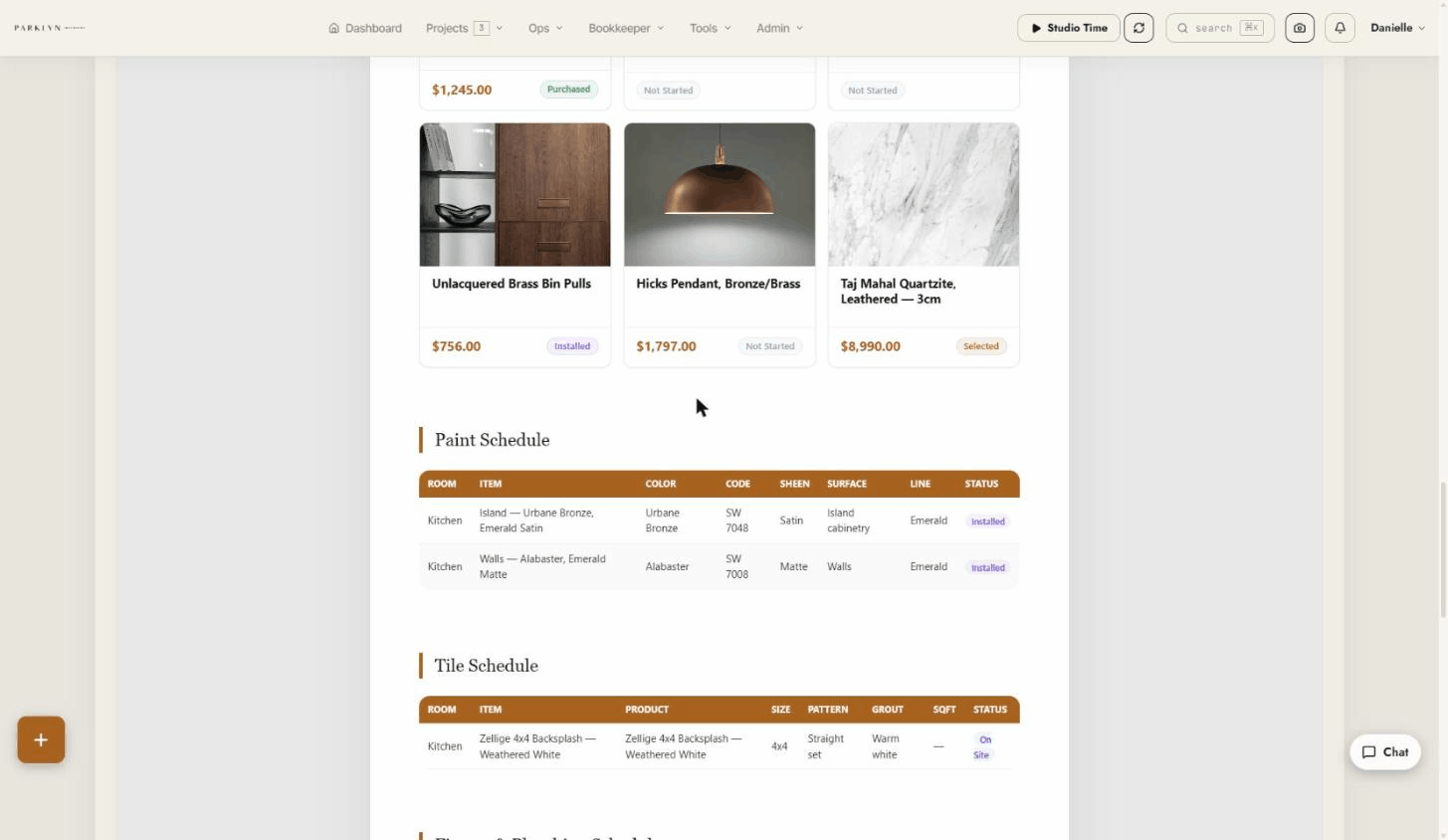Auto-generated trade schedules — paint, lighting, and plumbing schedules with photos and rooms